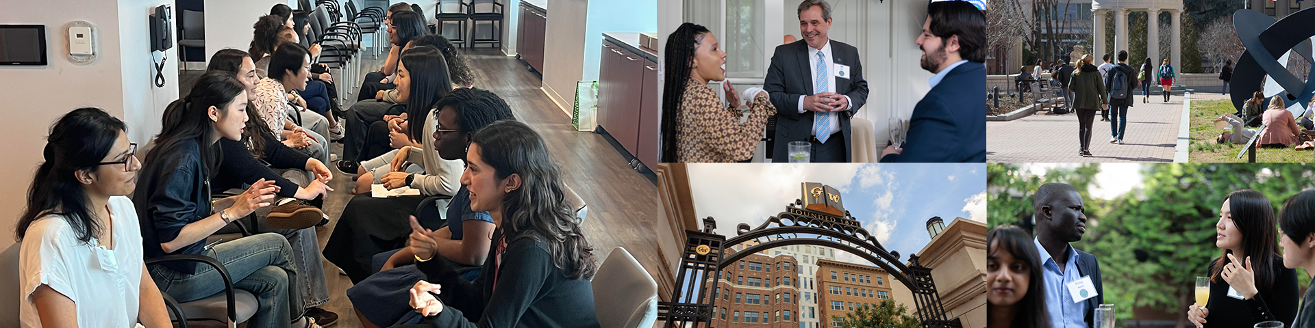 A collage of photos featuring a HIP cohort meeting, some general campus imagery, and photos of interns during a reception