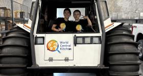 Pravina and Callie, HIP interns, inside a World Central Kitchen vehicle